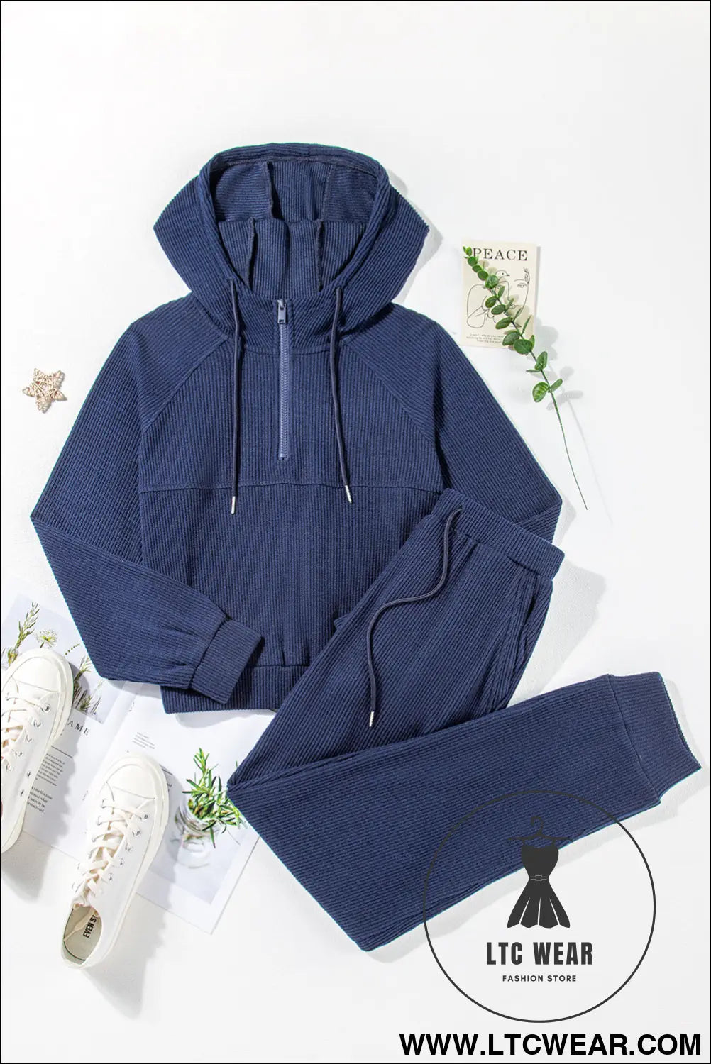 Navy blue ribbed knit cropped hoodie and drawstring joggers set - activewear sets