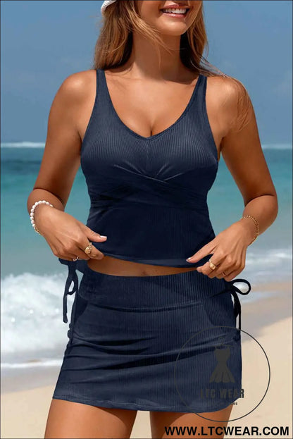 Navy Blue Ribbed Knit Crossed Detail Tank Skort 2pcs Swimsuit