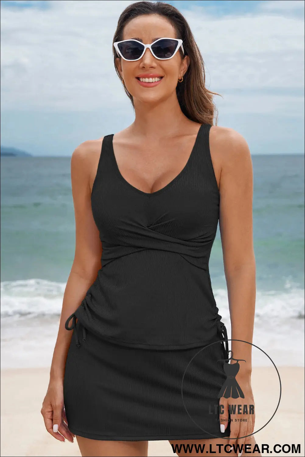 Navy Blue Ribbed Knit Crossed Detail Tank Skort 2pcs Swimsuit - L.T.C Wear Online Fashion Store