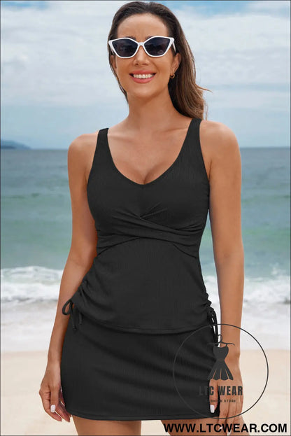 Navy Blue Ribbed Knit Crossed Detail Tank Skort 2pcs Swimsuit - L.T.C Wear Online Fashion Store