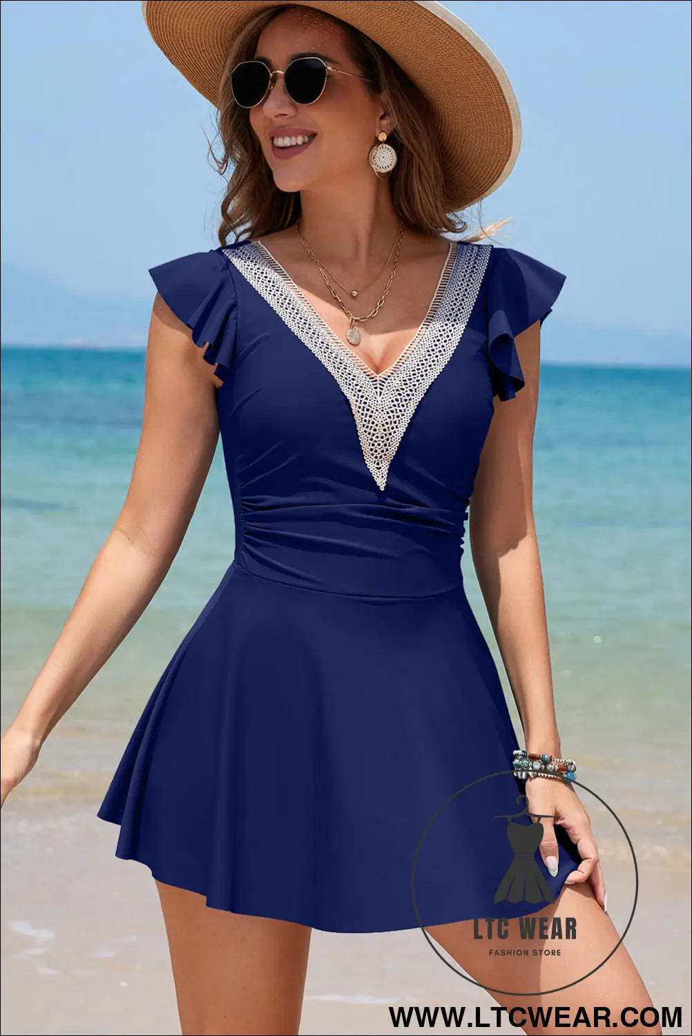 Navy Blue Ruffled Short Sleeve Lace Trim V Neck One Piece Swim Dress - L.T.C Wear Online Fashion Store