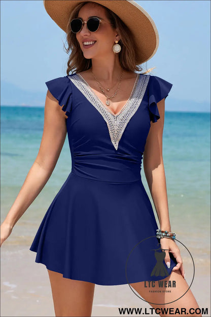 Navy Blue Ruffled Short Sleeve Lace Trim V Neck One Piece Swim Dress - L.T.C Wear Online Fashion Store