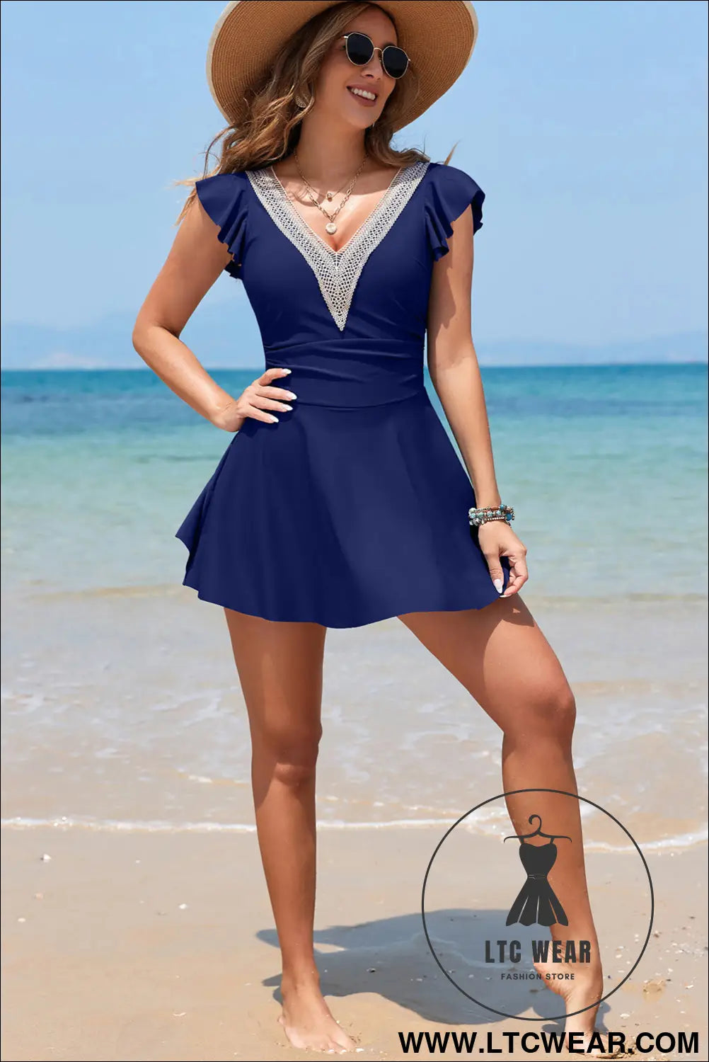 Navy Blue Ruffled Short Sleeve Lace Trim V Neck One Piece Swim Dress - L.T.C Wear Online Fashion Store