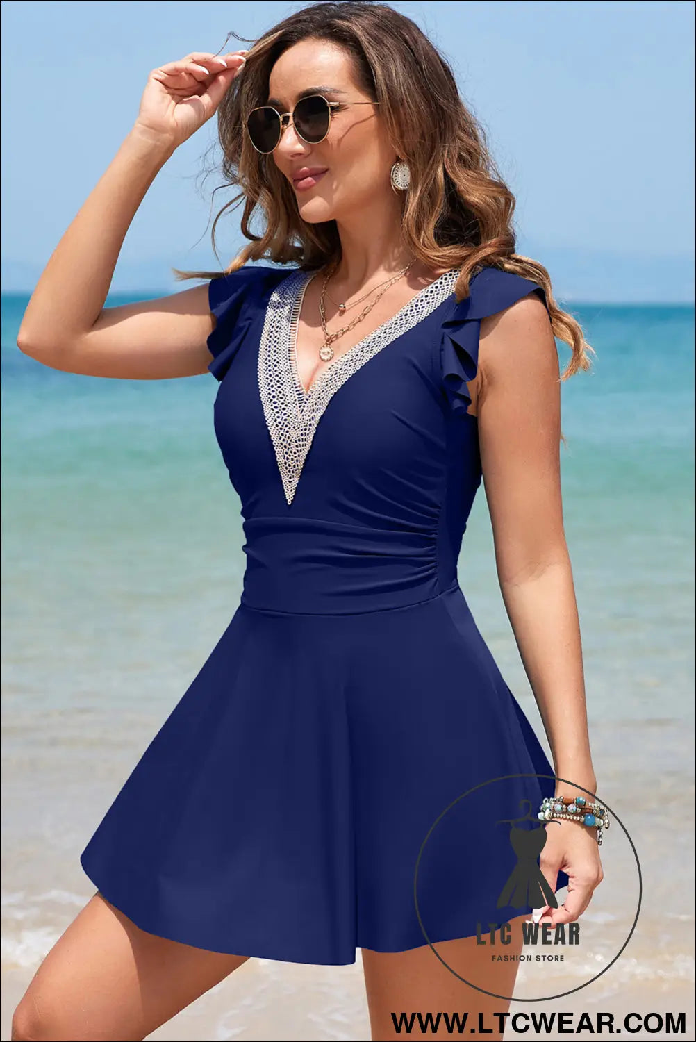 Navy Blue Ruffled Short Sleeve Lace Trim V Neck One Piece Swim Dress - L.T.C Wear Online Fashion Store