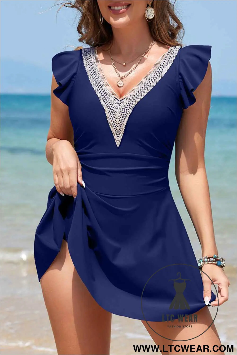 Navy Blue Ruffled Short Sleeve Lace Trim V Neck One Piece Swim Dress