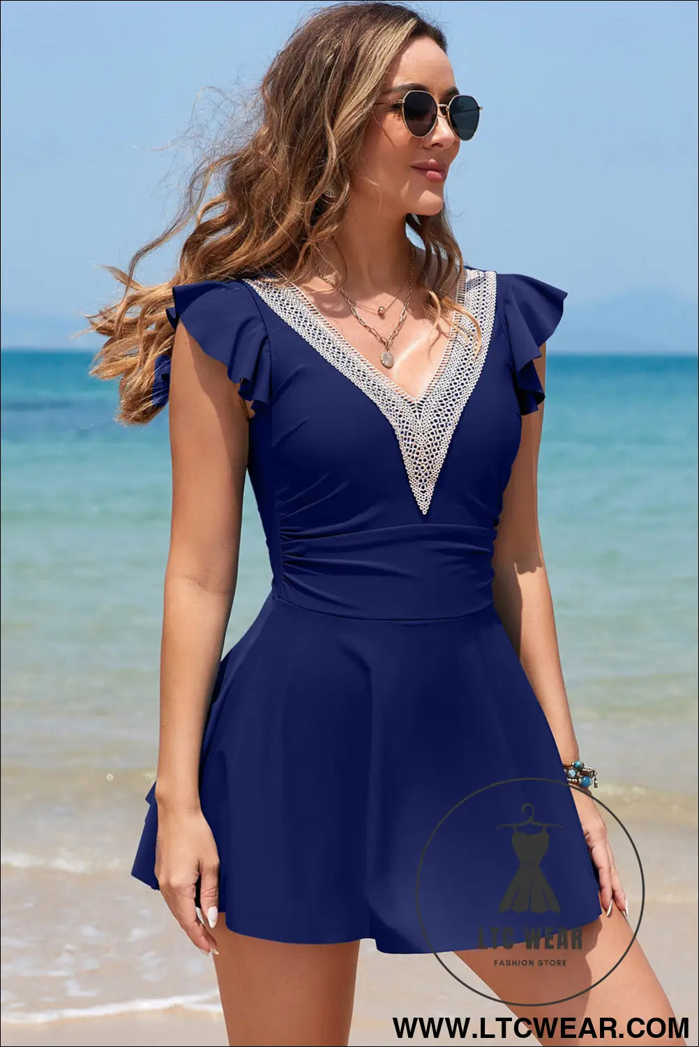 Navy Blue Ruffled Short Sleeve Lace Trim V Neck One Piece Swim Dress - L.T.C Wear Online Fashion Store
