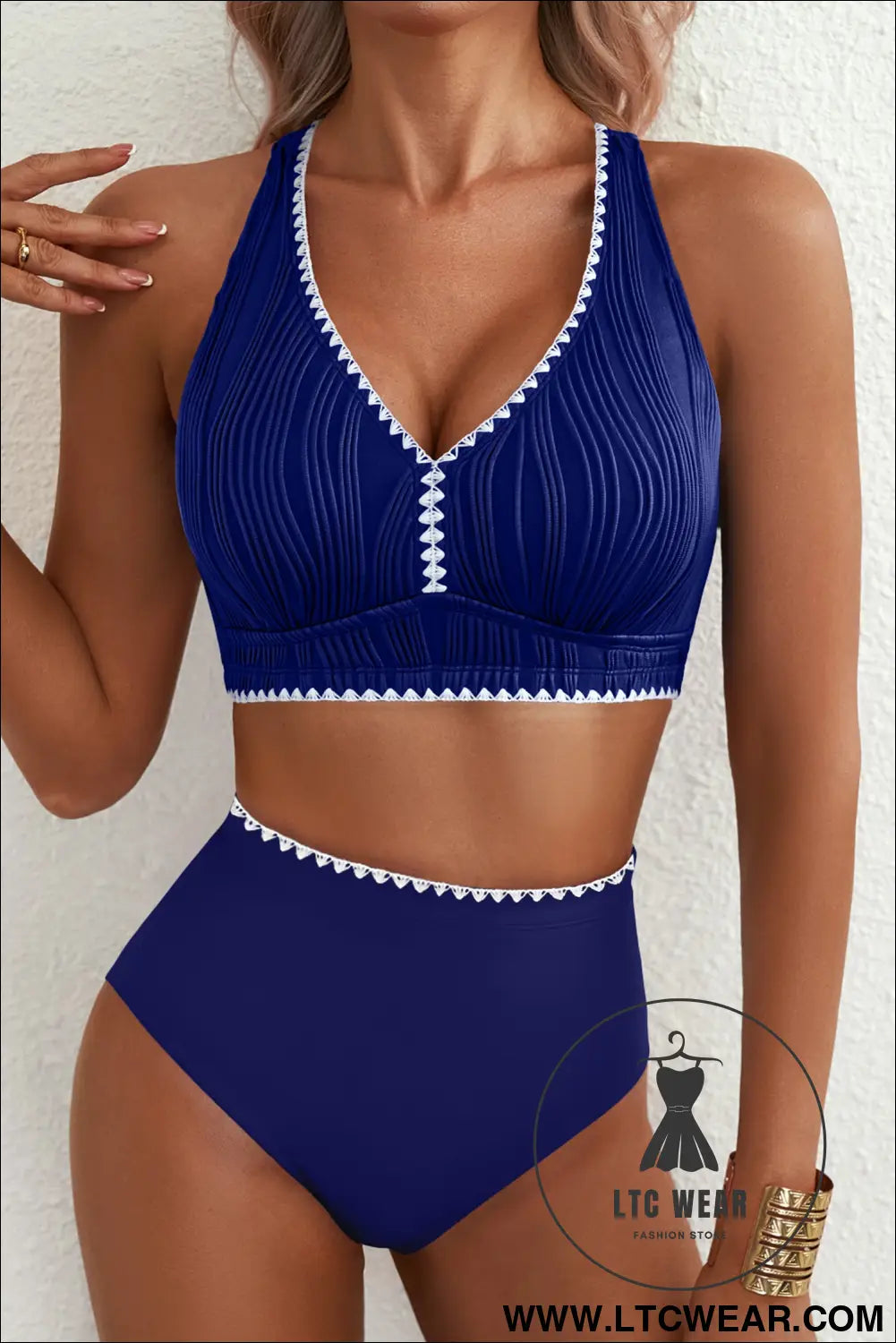 Navy blue shell stitched trim v neck textured mix and match high waist bikinis - bikinis