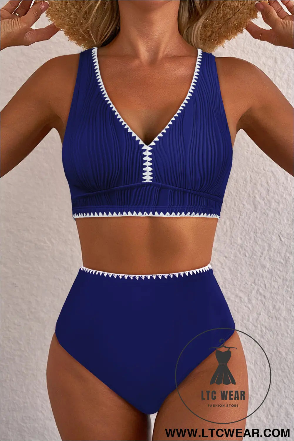 Navy blue shell stitched trim v neck textured mix and match high waist bikinis - bikinis