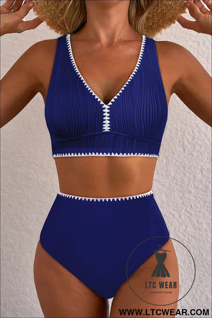 Navy blue shell stitched trim v neck textured mix and match high waist bikinis - bikinis