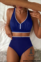 Navy blue shell stitched trim v neck textured mix and match high waist bikinis - navy blue / 2xl / 90% polyester + 10%