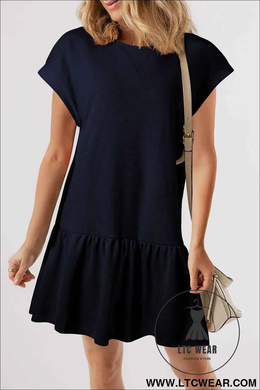 Navy Blue Solid Color Cap Sleeve Ruffle Hem Casual Short Dress