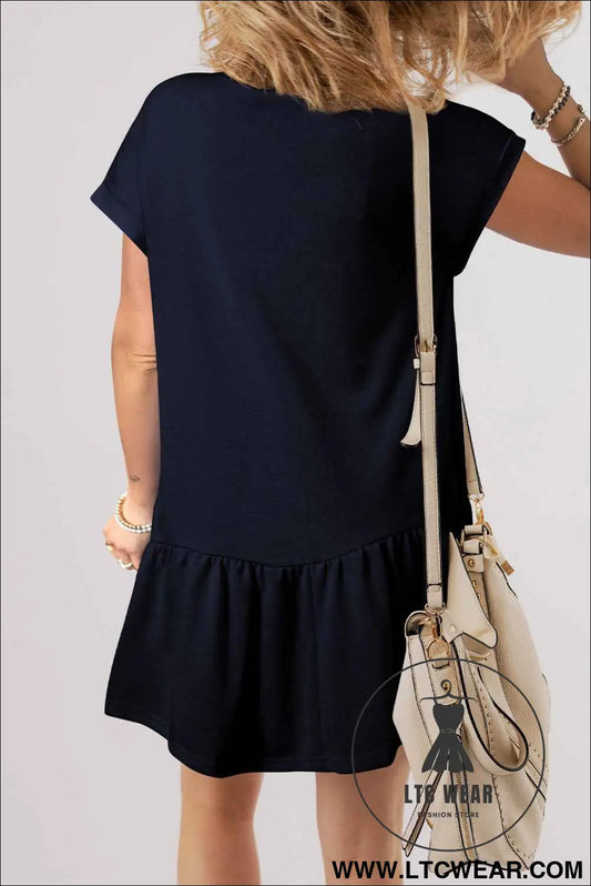 Navy Blue Solid Color Cap Sleeve Ruffle Hem Casual Short Dress