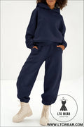 Navy blue solid exposed seams hoodie and joggers activewear set - navy blue / 2xl / 50% polyester + 50% cotton