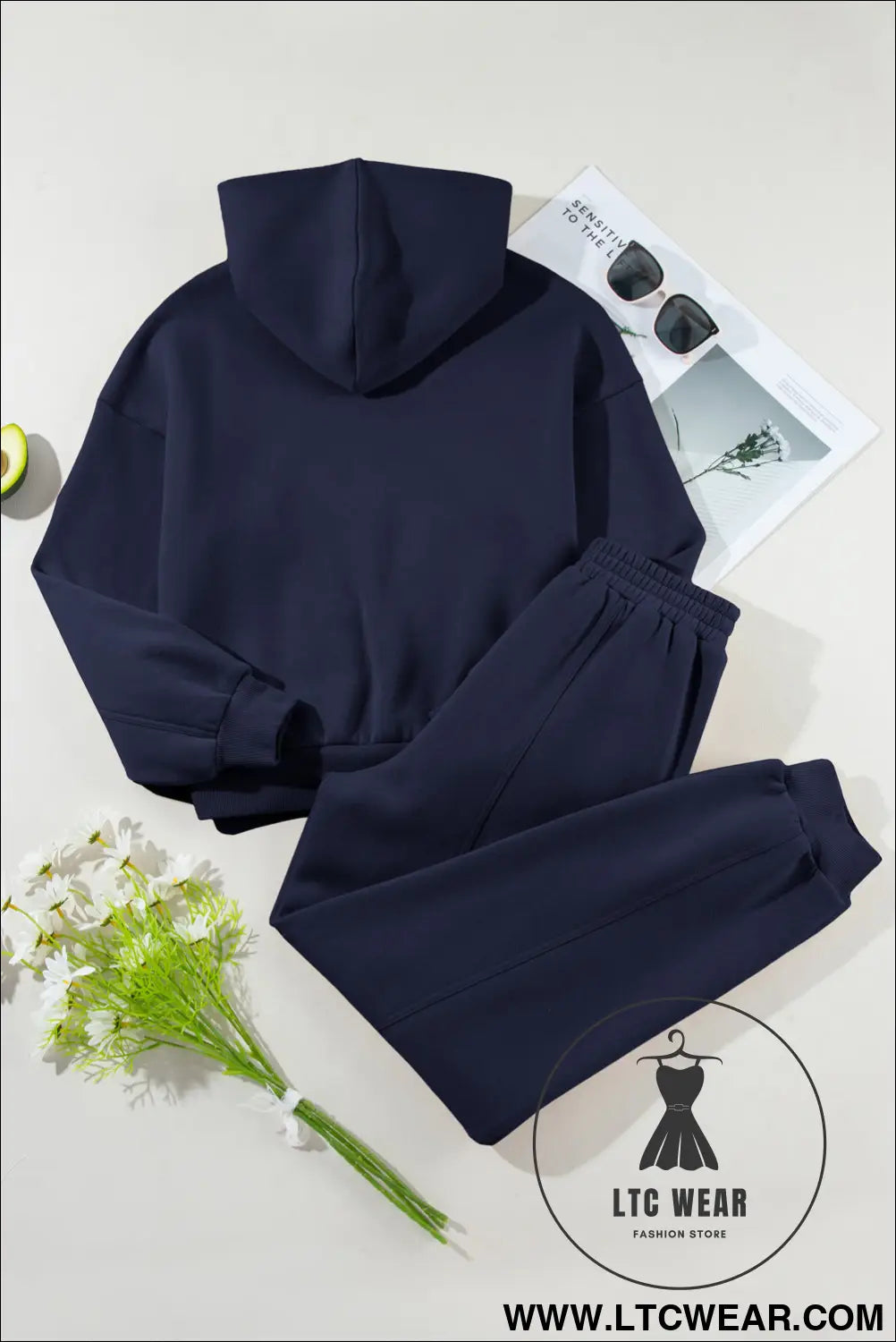 Navy blue solid exposed seams hoodie and joggers activewear set - activewear sets