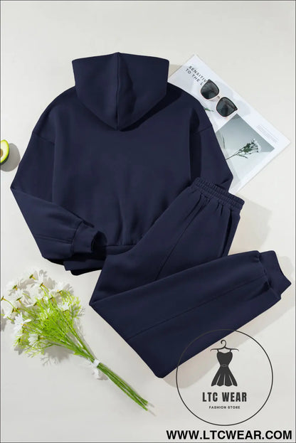 Navy blue solid exposed seams hoodie and joggers activewear set - activewear sets