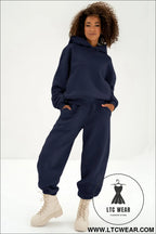Navy blue solid exposed seams hoodie and joggers activewear set - activewear sets