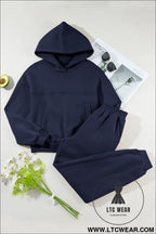 Navy blue solid exposed seams hoodie and joggers activewear set - activewear sets