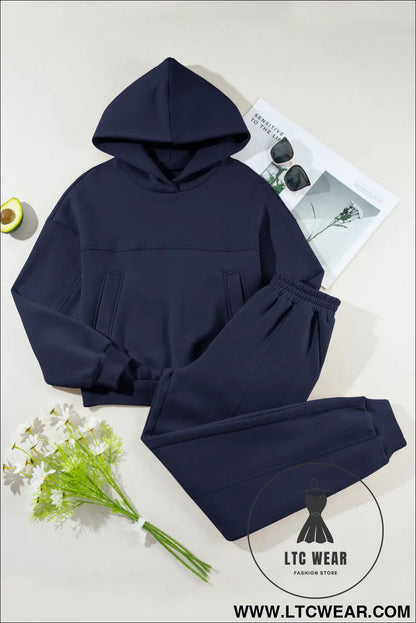 Navy blue solid exposed seams hoodie and joggers activewear set - activewear sets