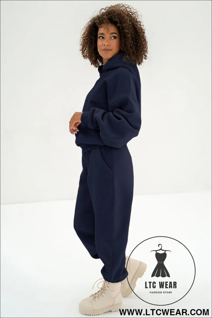 Navy blue solid exposed seams hoodie and joggers activewear set - activewear sets