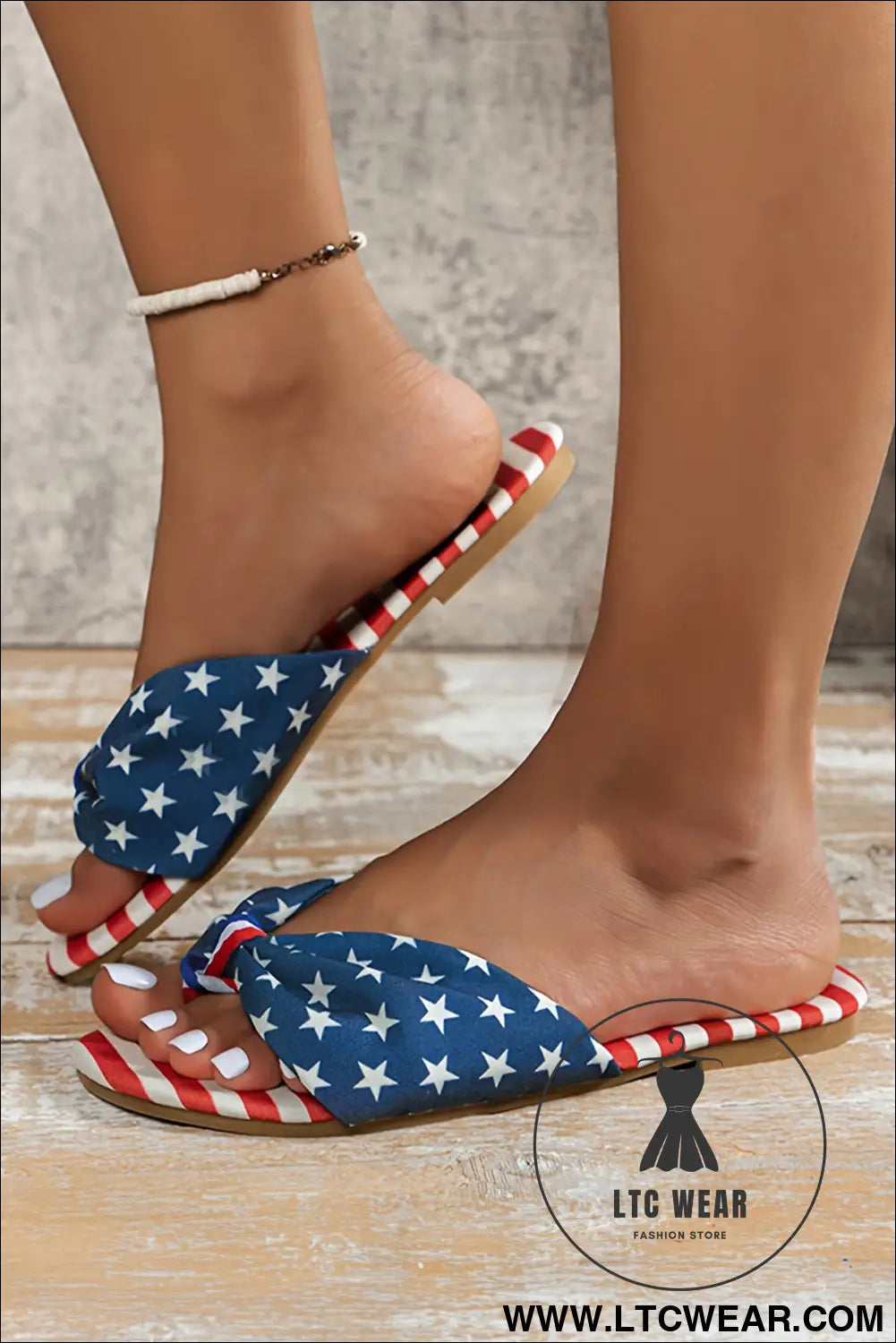 Navy Blue Stars and Stripes Cute Bow Knot Flat Slippers - L.T.C Wear Online Fashion Store