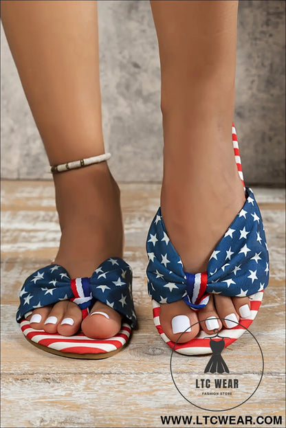 Navy Blue Stars and Stripes Cute Bow Knot Flat Slippers - L.T.C Wear Online Fashion Store