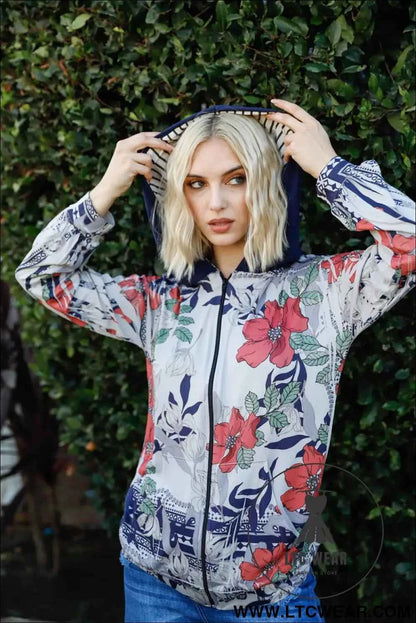 Navy Rust Flower Print Zip-up Contrast Striped Hood Sweater