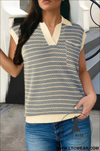 Navy stripe contrast trim sleeveless polo collar sweater - sweater vests