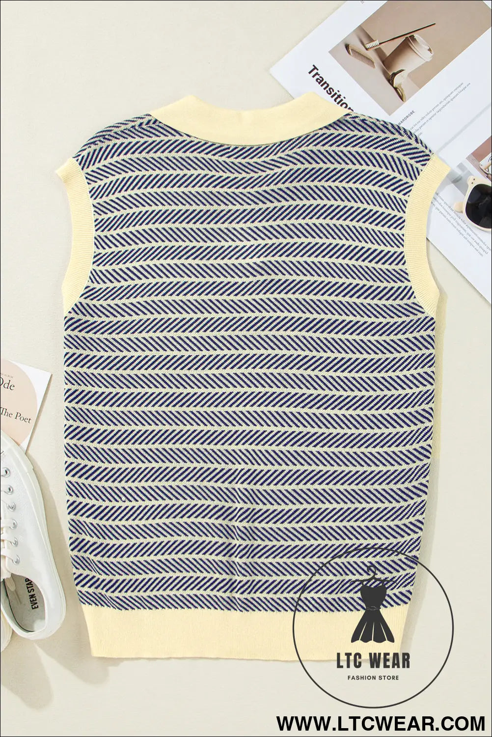 Navy stripe contrast trim sleeveless polo collar sweater - sweater vests