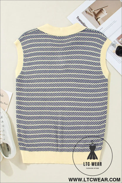 Navy stripe contrast trim sleeveless polo collar sweater - sweater vests