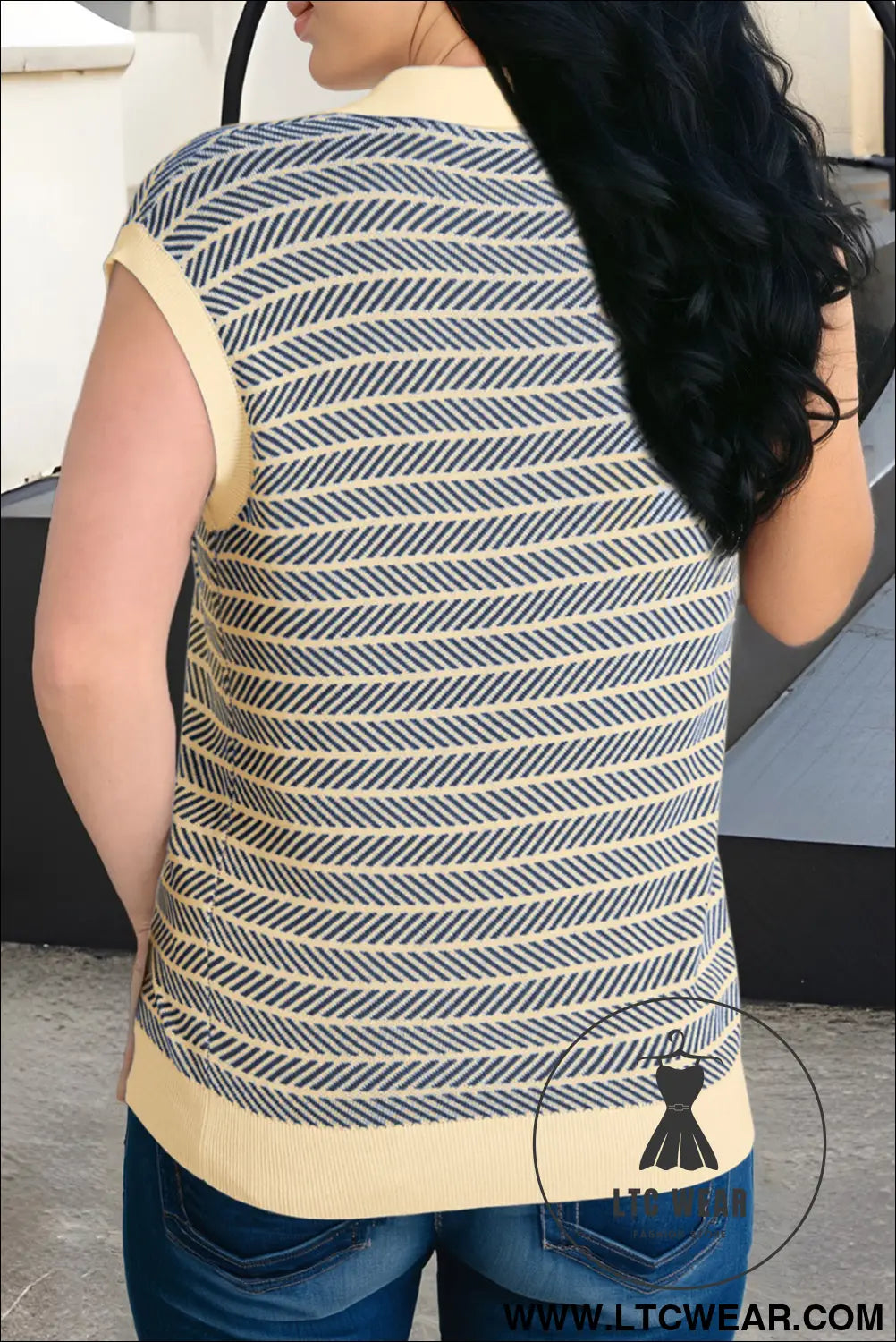 Navy stripe contrast trim sleeveless polo collar sweater - sweater vests