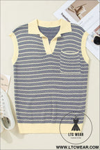 Navy stripe contrast trim sleeveless polo collar sweater - sweater vests