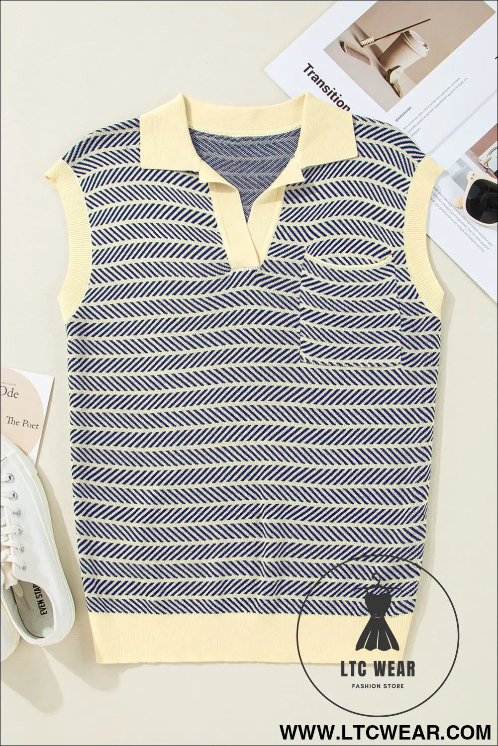 Navy stripe contrast trim sleeveless polo collar sweater - sweater vests