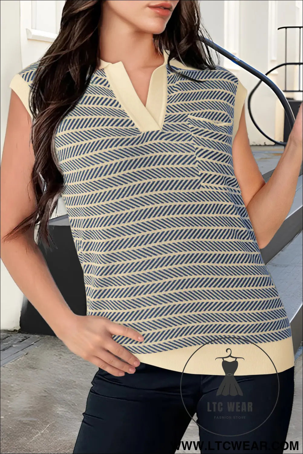 Navy stripe contrast trim sleeveless polo collar sweater - sweater vests
