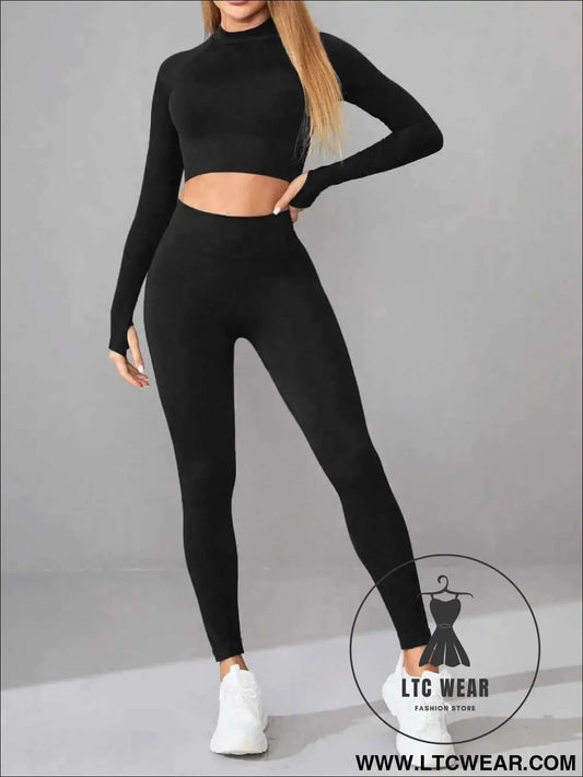 Neck Long Sleeve Top and Leggings Active Set