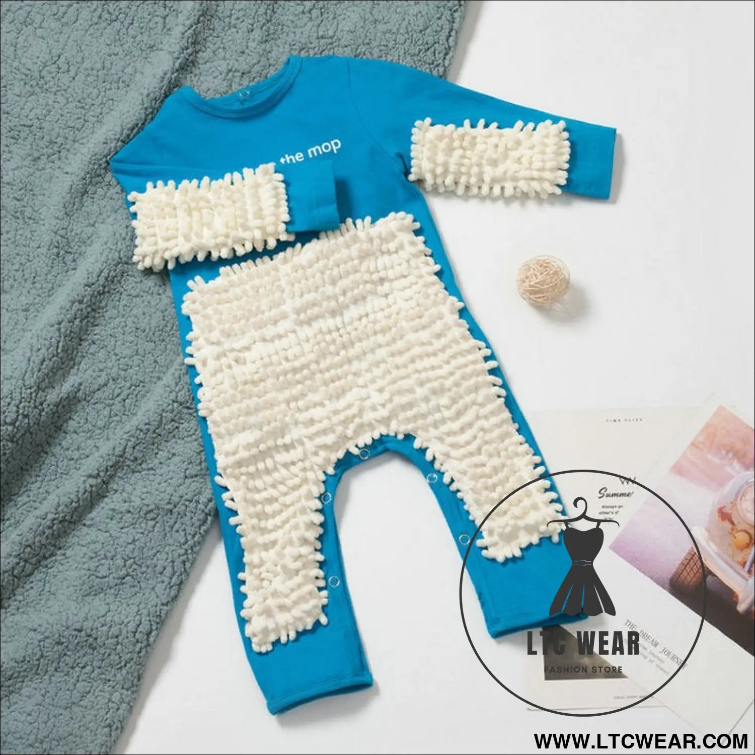 New baby crawling clothes baby mopping crawling clothes english long sleeve one-piece clothes - royal blue + beige