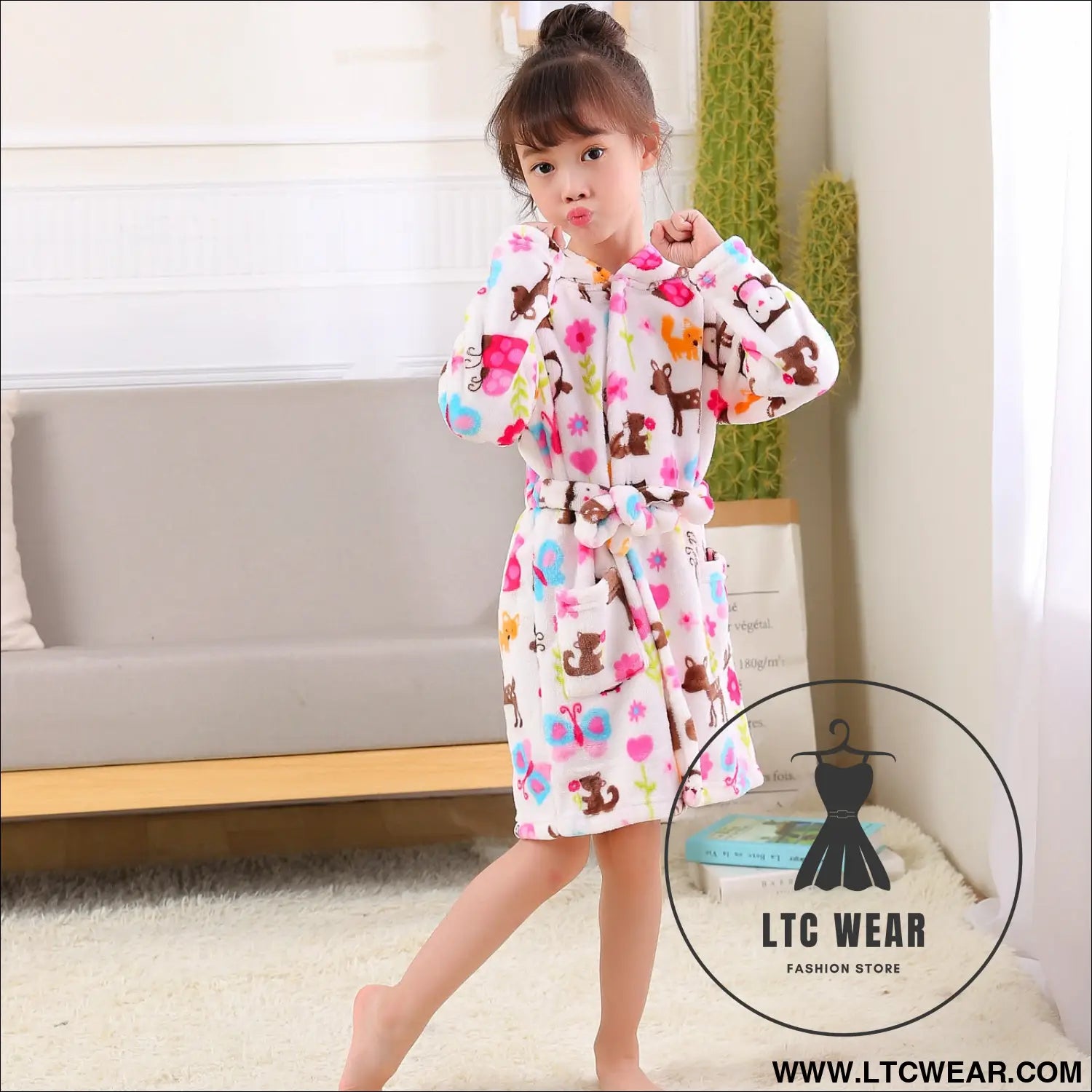 New children’s clothing home clothes male and female baby bathrobe cartoon flannel hooded children’s nightgown - animal