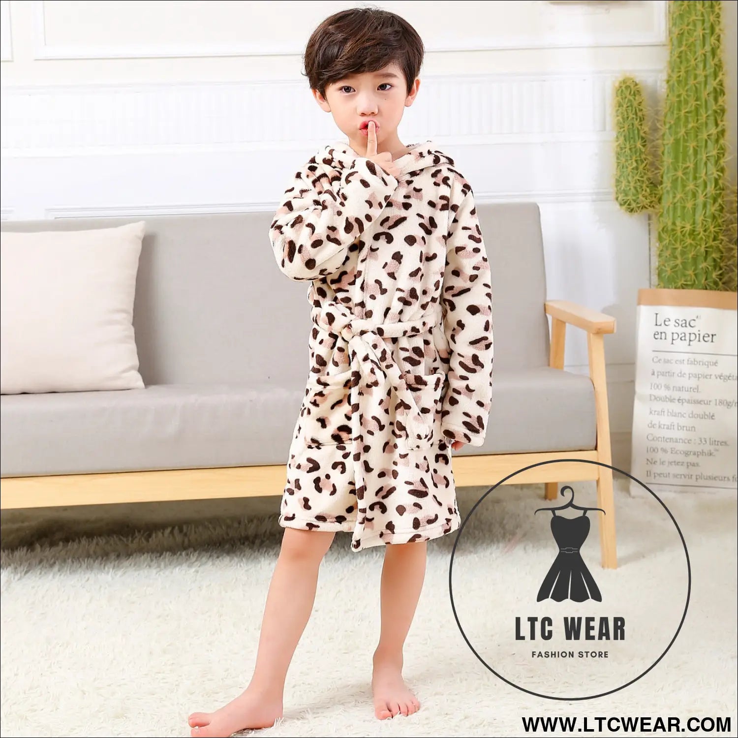 New children’s clothing home clothes male and female baby bathrobe cartoon flannel hooded children’s nightgown - coffee