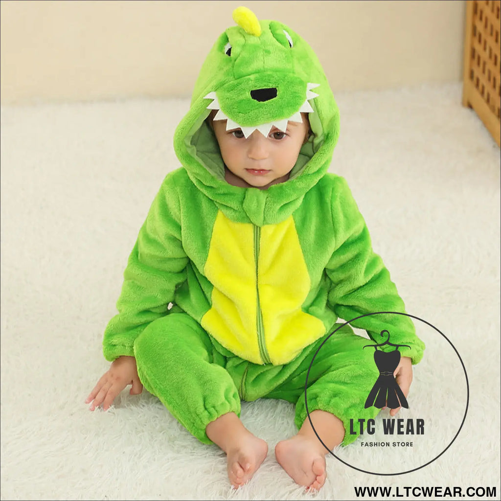 New children’s flannel crawling clothes baby jumpsuit baby pajamas cross-border dinosaur jumpsuit - green
