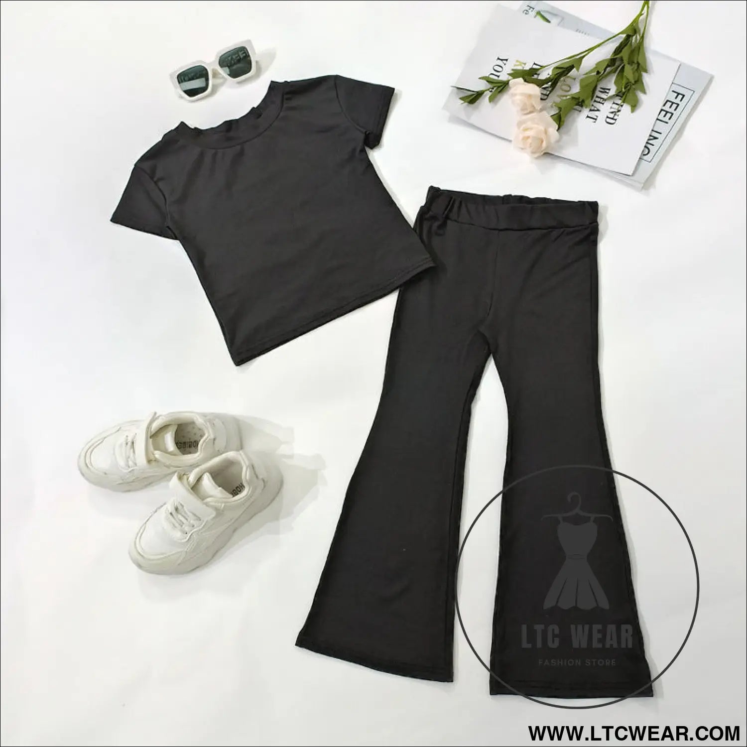 New fashion casual solid color boys and girls suits ins wind t-shirt short-sleeved suits - 90cm / black