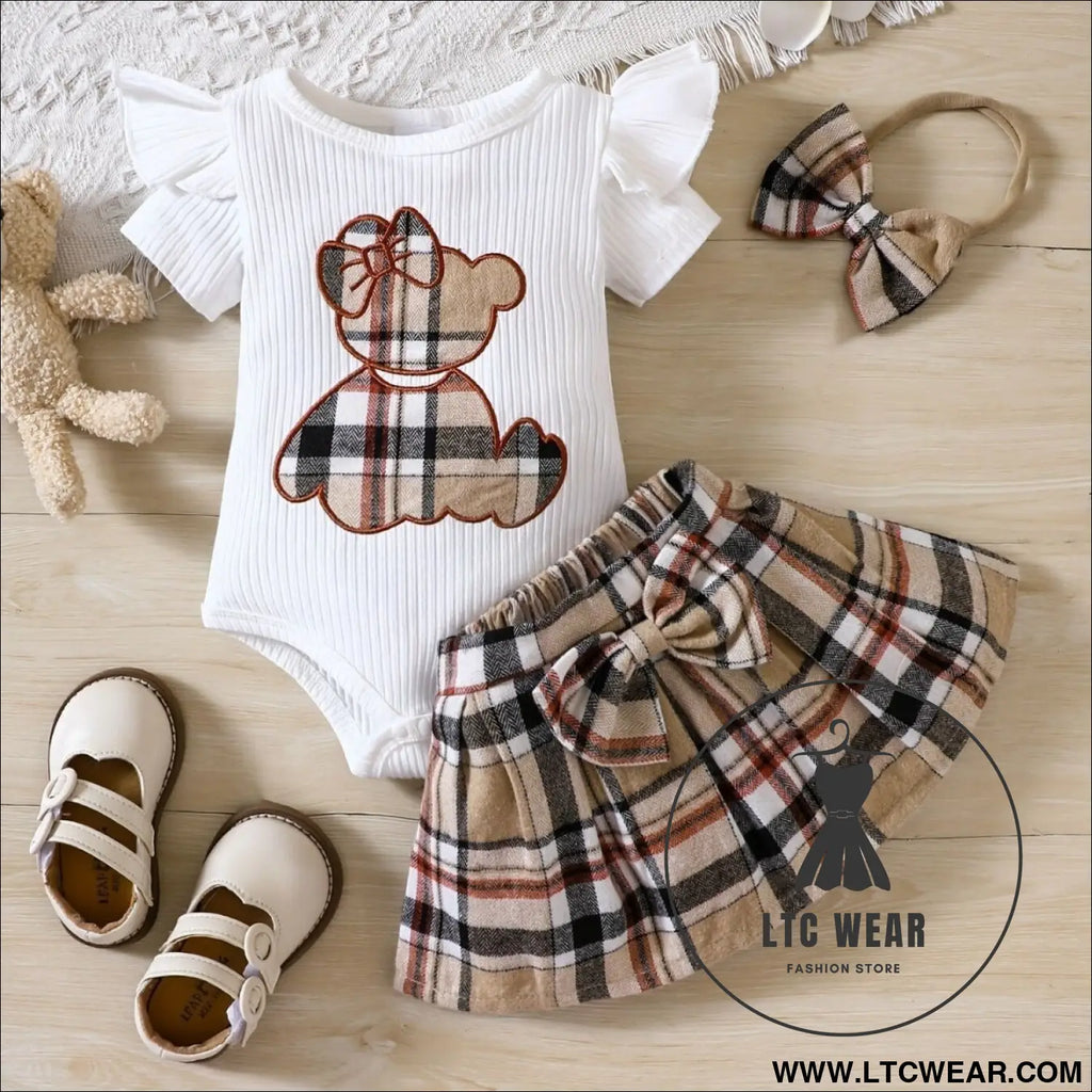 Newborn baby girl summer style teddy bear sticker embroidery bag fart triangle ha clothes plaid butterfly