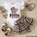 Newborn baby girl summer style teddy bear sticker embroidery bag fart triangle ha clothes plaid butterfly