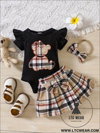 Newborn baby girl summer style teddy bear sticker embroidery bag fart triangle ha clothes plaid butterfly - black / 0-3m