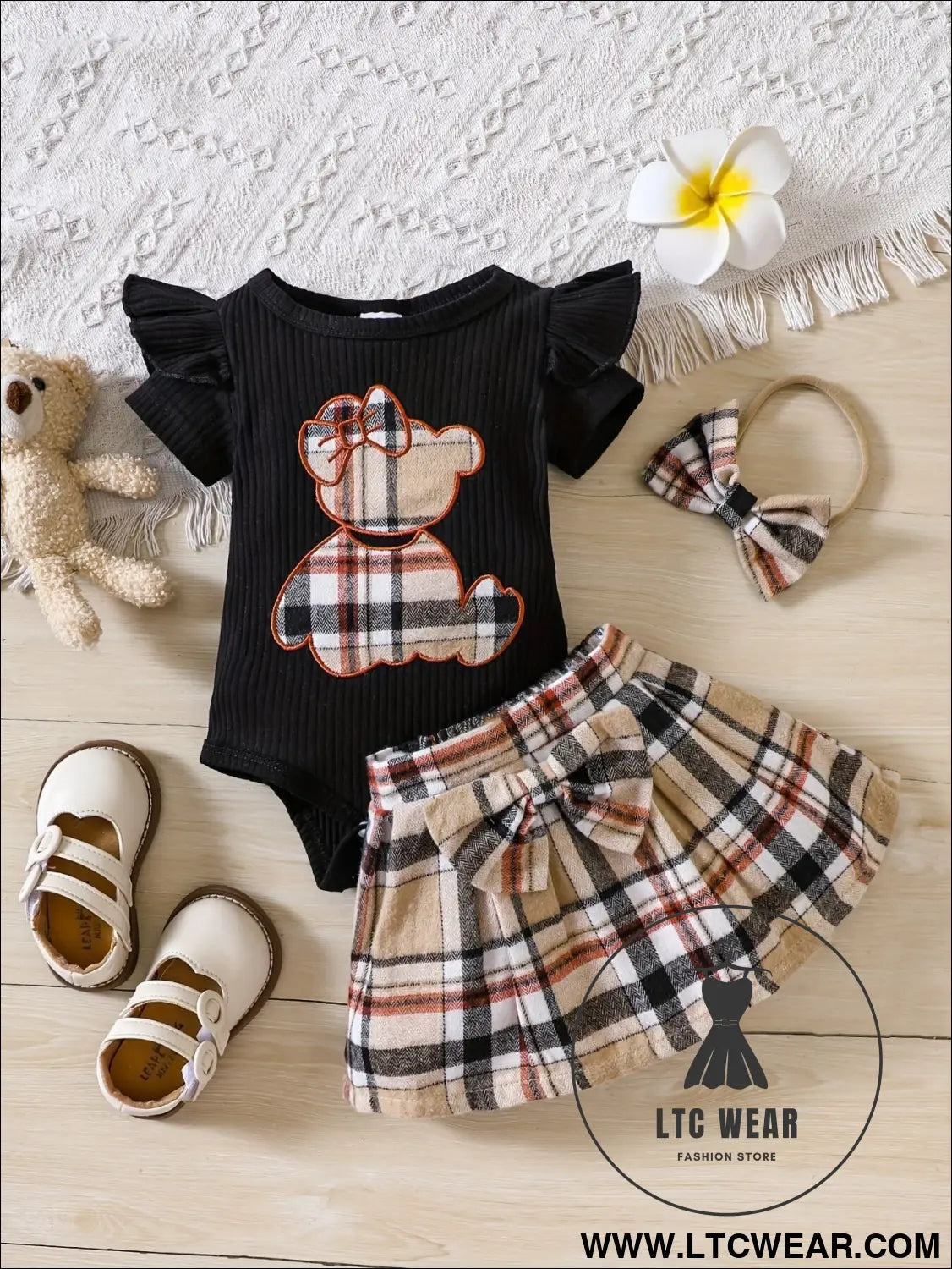 Newborn baby girl summer style teddy bear sticker embroidery bag fart triangle ha clothes plaid butterfly - black / 0-3m