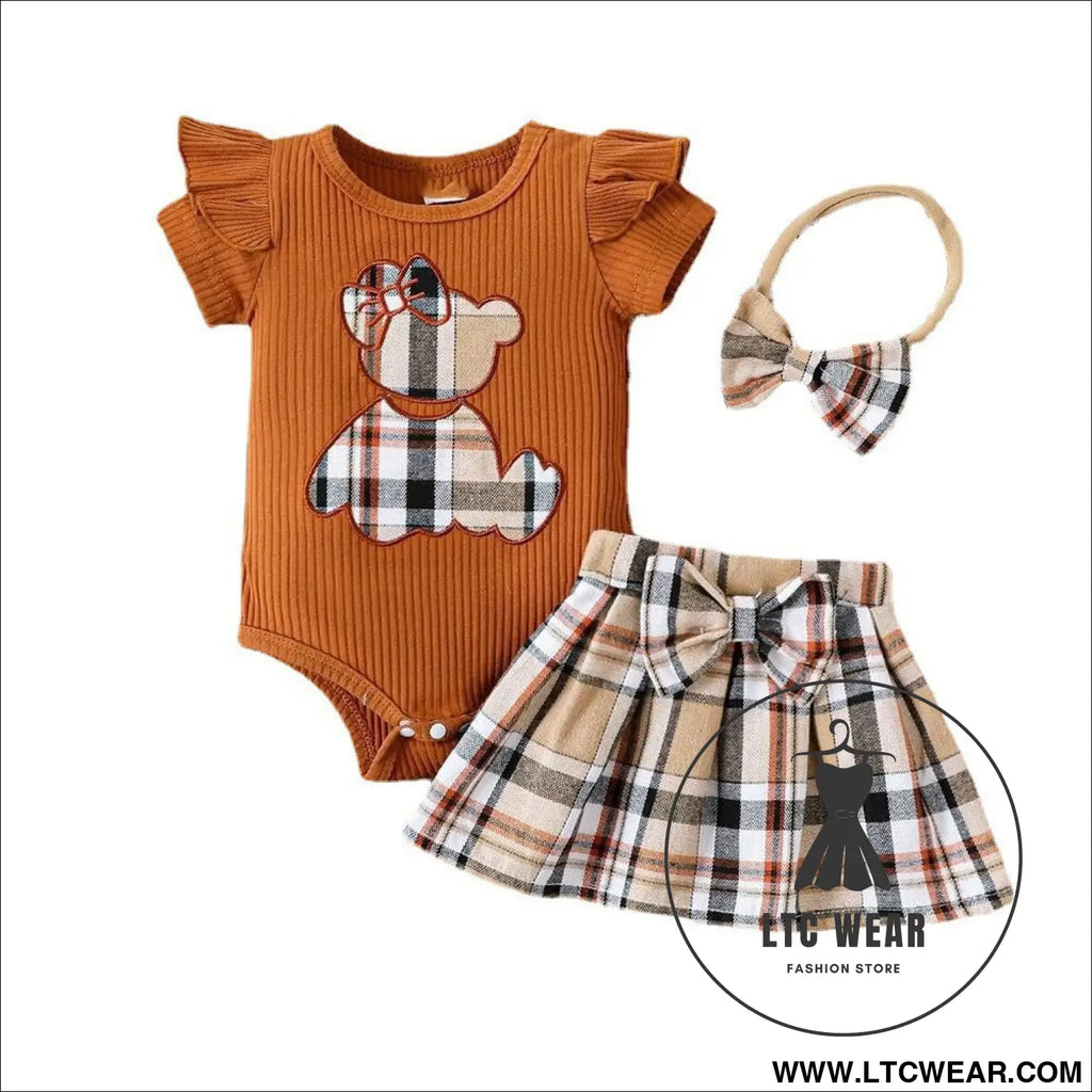 Newborn baby girl summer style teddy bear sticker embroidery bag fart triangle ha clothes plaid butterfly