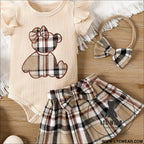 Newborn baby girl summer style teddy bear sticker embroidery bag fart triangle ha clothes plaid butterfly