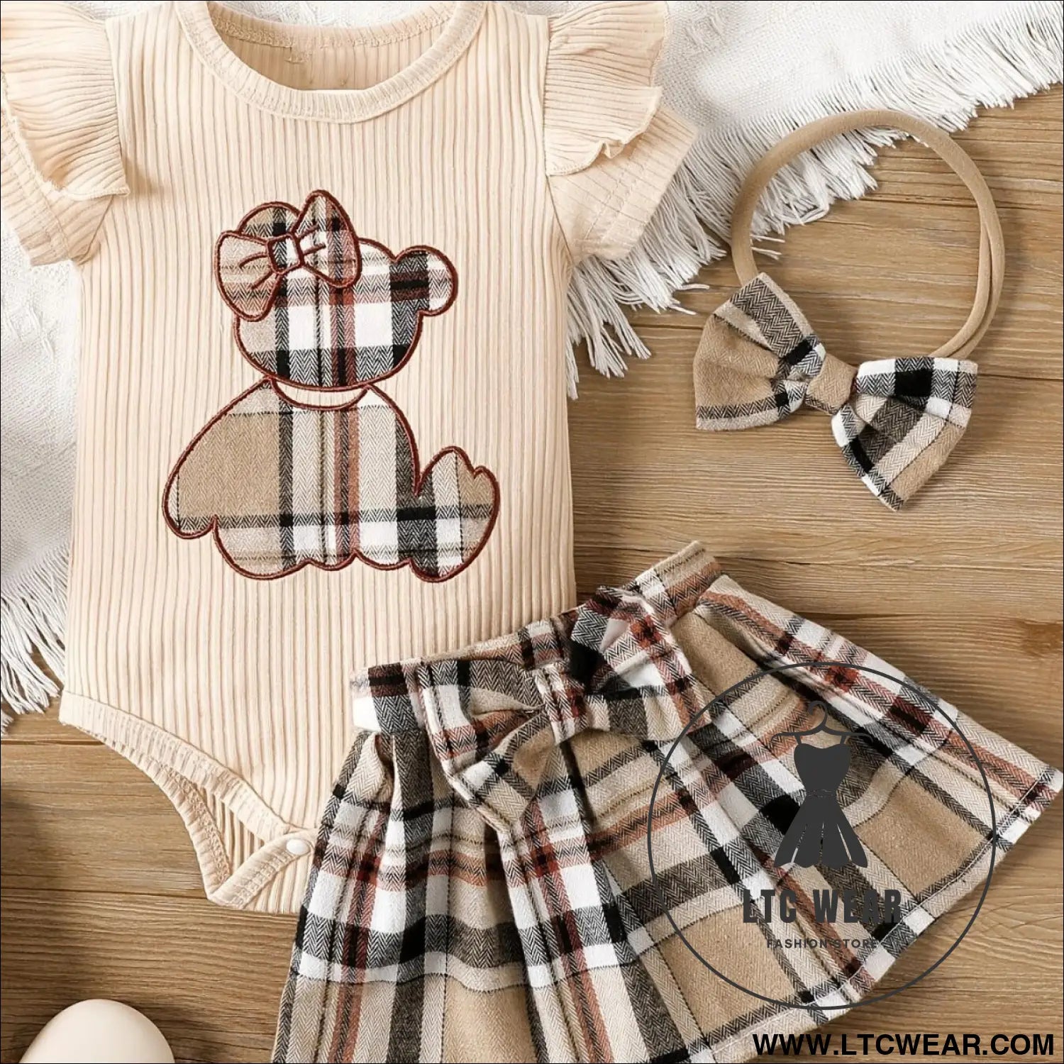 Newborn baby girl summer style teddy bear sticker embroidery bag fart triangle ha clothes plaid butterfly