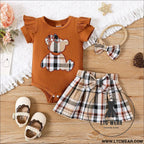 Newborn baby girl summer style teddy bear sticker embroidery bag fart triangle ha clothes plaid butterfly - brown / 0-3m
