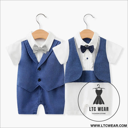 Newborn baby jumpsuit british style short sleeved male baby gentleman one year old dress baby jumpsuit