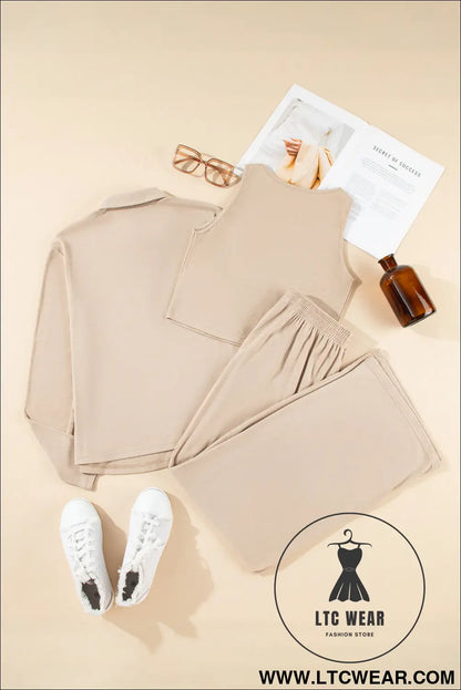Oatmeal 3-Piece Cozy Knit Lounge Set - L.T.C Wear Online Fashion Store