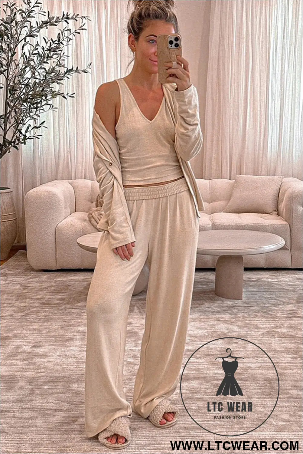 Oatmeal 3-Piece Cozy Knit Lounge Set - L.T.C Wear Online Fashion Store